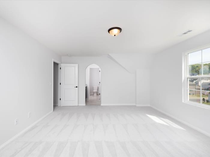 Bedroom with an arched opening to its bath
